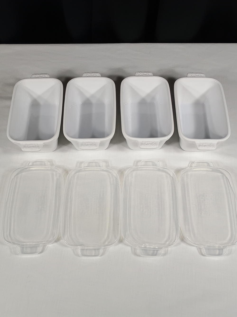 4 Souper Cubes 1 Cup Size Stoneware 5"X3" Baking Dishes & Silicone Lids, White